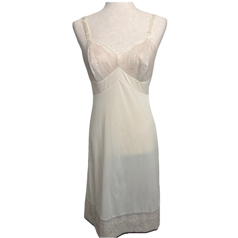 Vtg Vanity Fair Slip Dress Floral Lace‎ Sheer Size 34 Small Ivory Lingerie Fairy